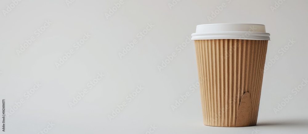 Poster white background showcases a biodegradable paper cup, exemplifying eco-friendly products for a zero 