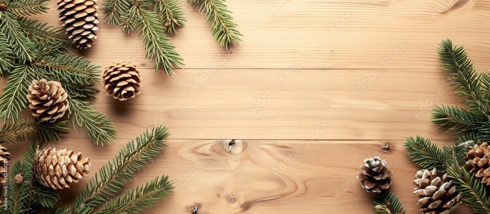 Aufkleber light wooden background with fir branches and cones, offering space for your design in this copy spa