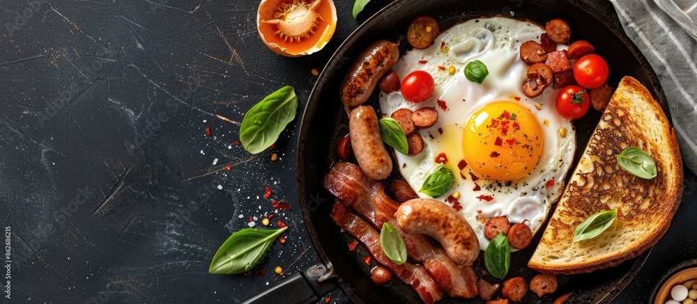 Poster a classic english breakfast featuring a fried egg, bacon, sausage, and toast prepared in a pan with 