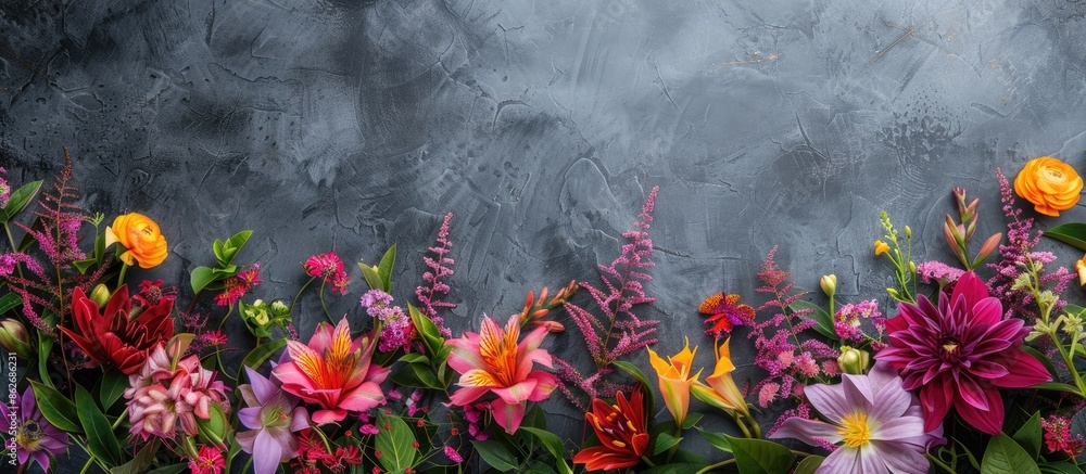 Fototapete colorful garden flowers displayed on a stone table background, providing a backdrop with ample copy 