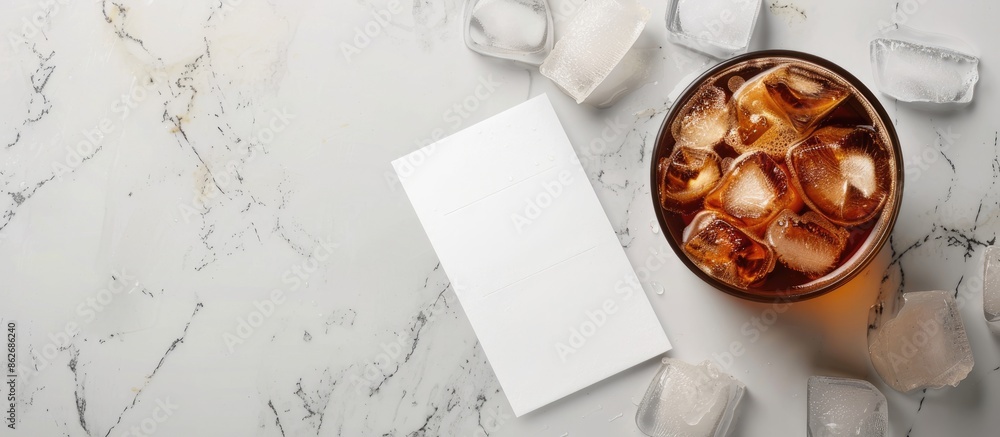 Poster iced coffee next to a blank message card with copy space image.