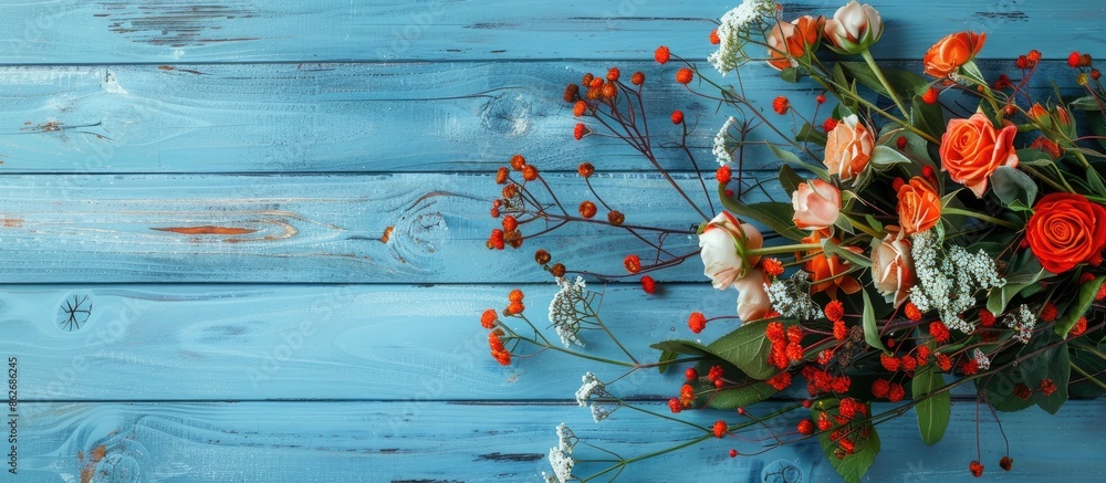 Poster floral arrangement on blue wooden boards. ideal for adding text to the copy space image.