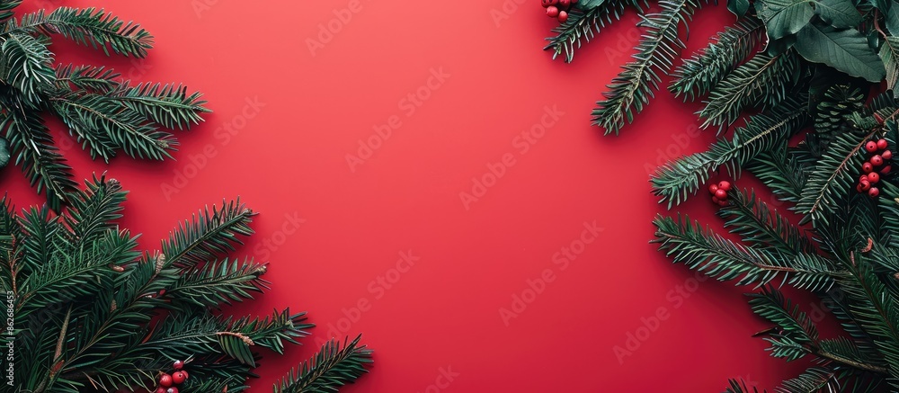 Poster christmas-themed flat lay featuring fir branches on a red background with space for adding text or i