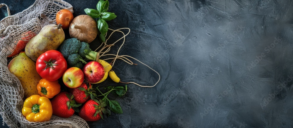 Poster Top view of fresh fruits and vegetables in an elegant mesh bag, with a blank space for images. Copy space image. Place for adding text and design