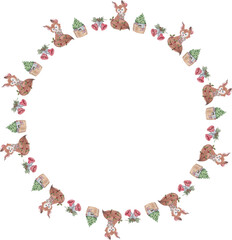 Cartoon fox chritmas wreath illustration on transparent background.