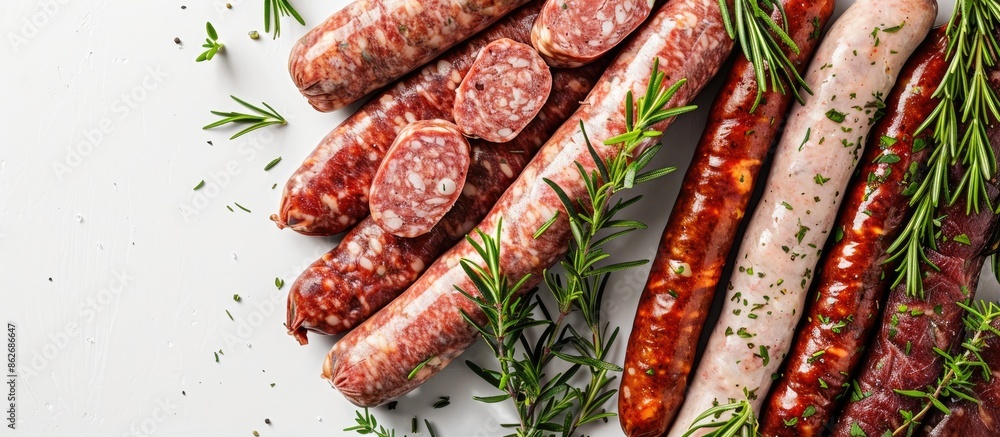 Poster a variety of raw sausages made from beef, pork, lamb, and chicken displayed on a butcher table with 
