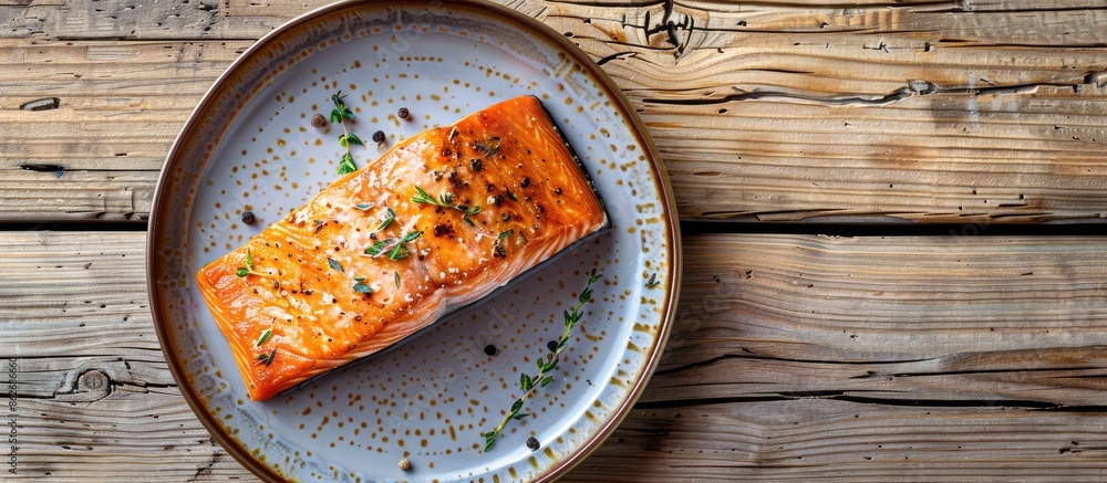 Poster top view of a cooked salmon fillet on a plate against a wooden background with copy space image.