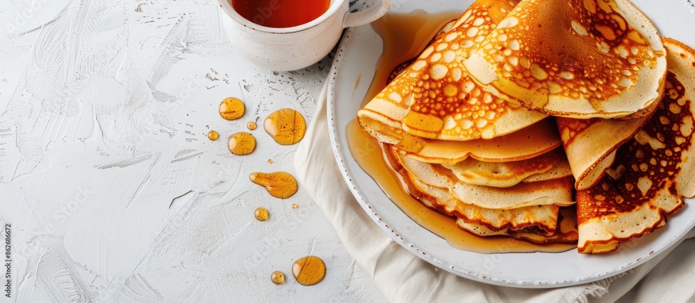 Poster Close-up of delicious homemade pancakes arranged for a tea party, with space for adding text or images within the frame. Copy space image. Place for adding text and design