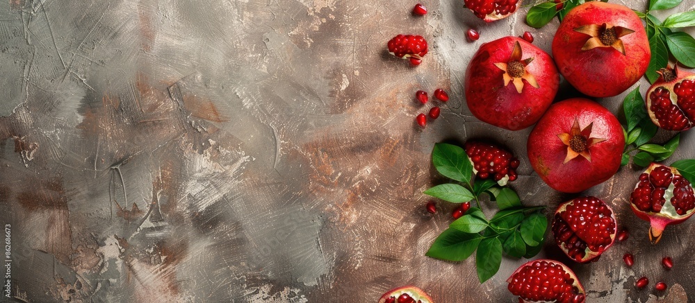 Leinwandbilder top view of churchkhelas and pomegranate on a textured table with copy space image available.