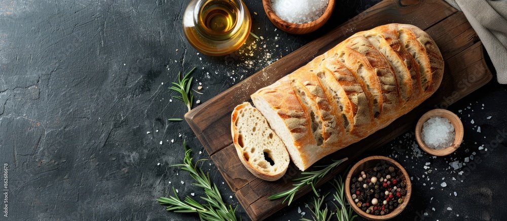 Poster top view of freshly sliced ciabatta bread on a wooden cutting board with rosemary and salt on a dark