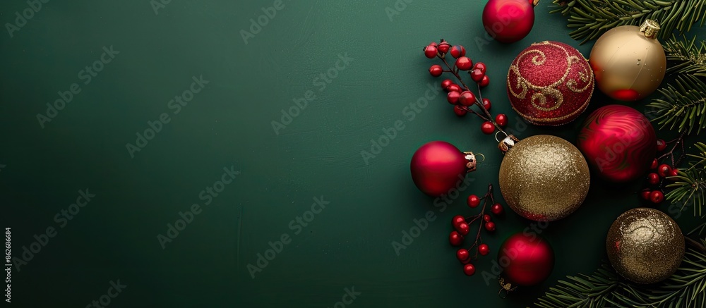 Poster an elegant christmas and new year theme showcasing red and golden baubles on a festive green backdro