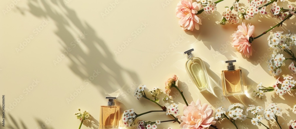 Poster elegant perfumes displayed on a spring-themed backdrop in an aerial view with copy space image.