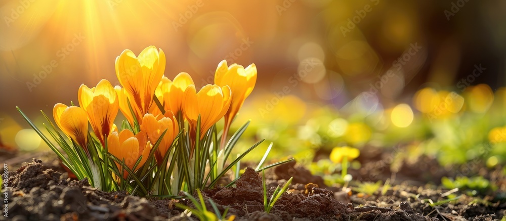 Poster a cluster of yellow crocus flowers blooming in a spring garden under warm golden sunlight, ideal for