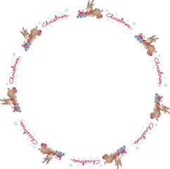 Cartoon reindeer chritmas wreath illustration on transparent background.