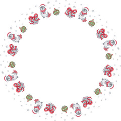 Cartoon penguin chritmas wreath illustration on transparent background.