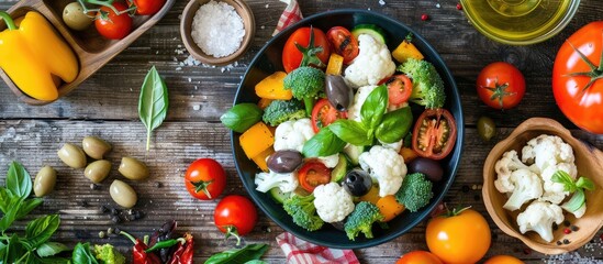 A top-down view of a colorful vegetable salad in a bowl on a wooden table, featuring cauliflower, tomatoes, broccoli, olives, sweet pepper, herbs, and veggies, with a clear area for additional images.