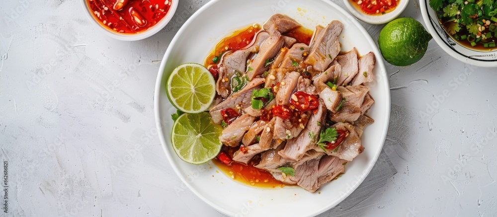 Poster top view of boiled pork served on a white plate with a zesty lime, garlic, and chili sauce, with an 