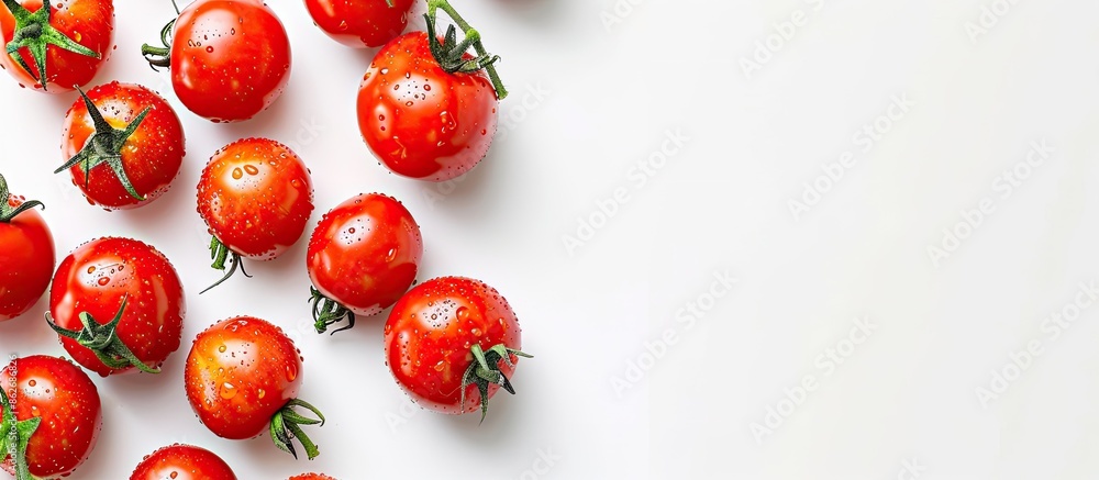 Poster organic tomatoes arranged on a white background with copy space image.