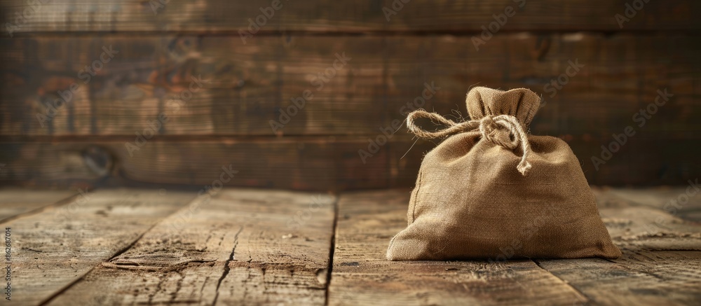 Wall mural Wooden table as a backdrop for a drawstring pouch with copy space image.