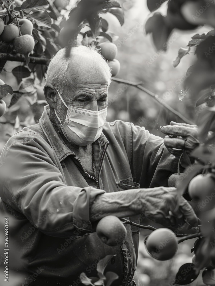 Poster a man wearing a mask is picking apples from a tree. concept of caution and concern for the man's hea