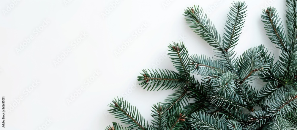 Fototapete Top view of a festive fir tree on a white backdrop with copy space image for your text, ideal for Christmas or New Year greetings.
