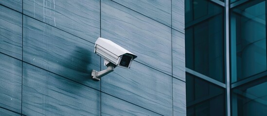 Surveillance camera mounted on the office building with a blank space for images. Copy space image. Place for adding text and design