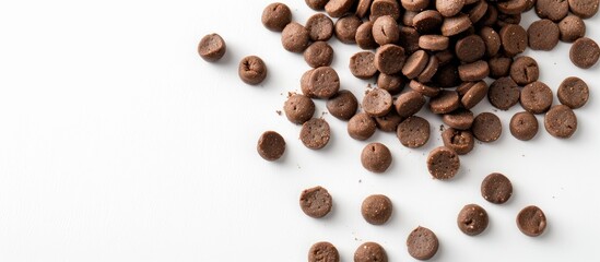 A detailed close-up of cat food on a white background with copy space image.