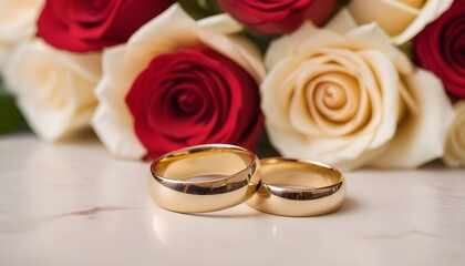 Two isolated gold wedding rings with red roses in the background
