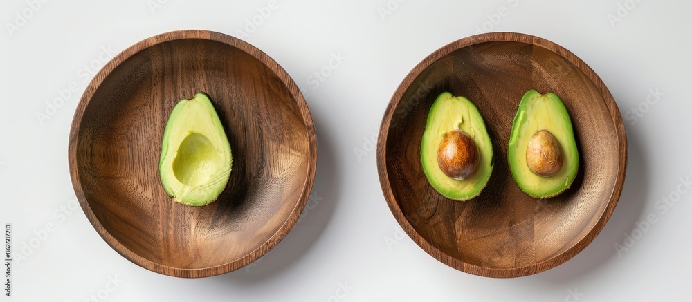 Poster a bird's eye view of a halved avocado with and without the seed on a round wooden plate against a wh