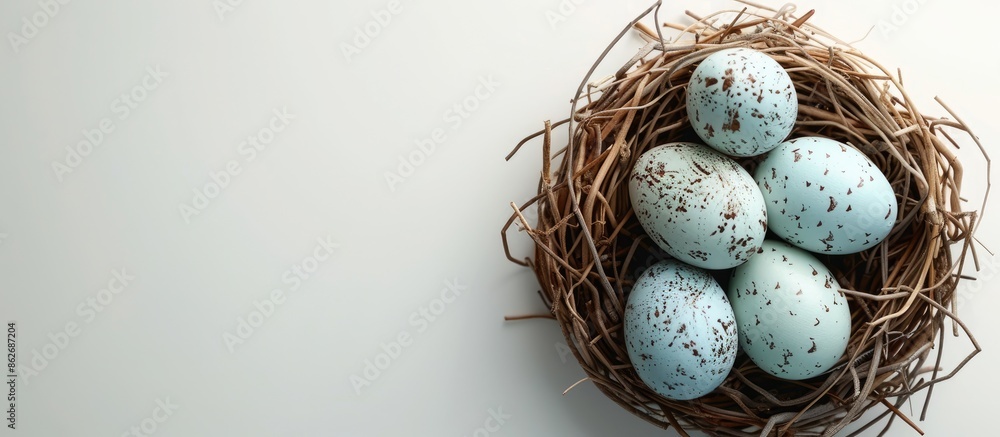 Aufkleber artificial bird nest holds painted chicken eggs resembling easter eggs on a white background. top vi