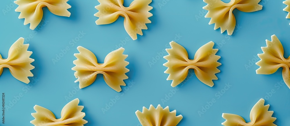 Poster top view of uncooked bowtie pasta with room for text or other elements on a blue backdrop, showcasin