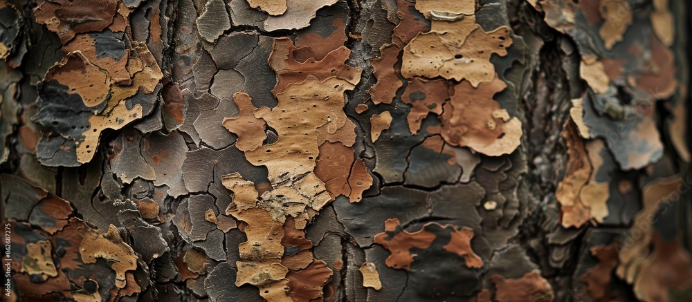 Aufkleber Close-up of tree bark with a camouflage pattern, creating an interesting visual with copy space image.