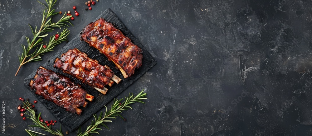 Poster pork ribs displayed on a stone backdrop with a blank space for text in the image. copy space image. 