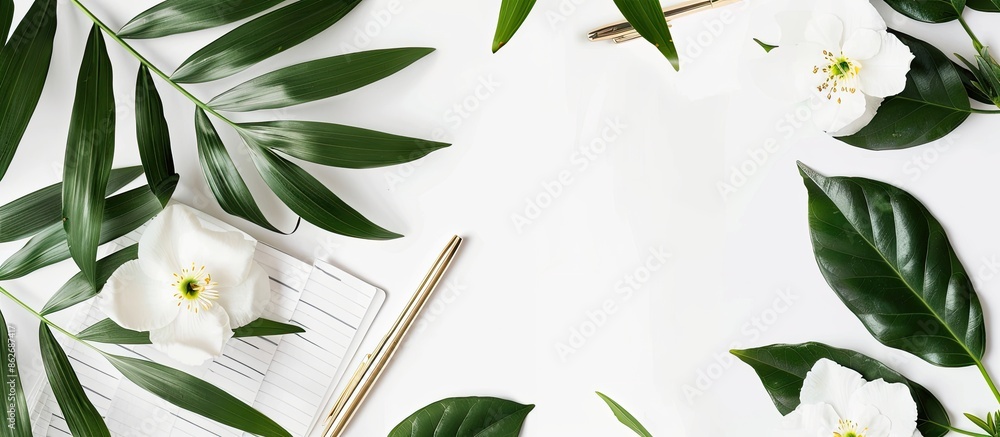 Poster flat lay arrangement with a white flower, green leaves, a white notepad, and a gold pen, creating a 