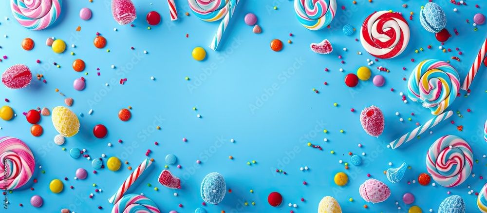 Poster Vibrant holiday backdrop with blue background featuring candy. Ideal for adding text. Suitable for Easter or birthday cards. Flat lay composition with a top-down perspective and room for text in the
