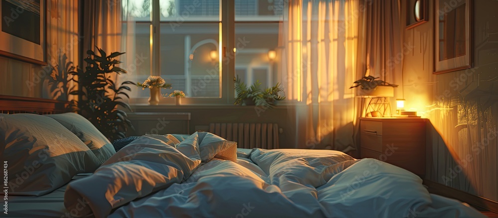 Aufkleber mockup of a bedroom with soft lighting and copy space image.