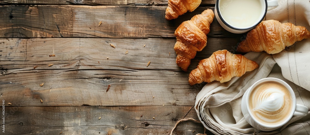 Poster Rustic style breakfast featuring croissants and coffee with milk on a wooden table in a close-up copy space image.