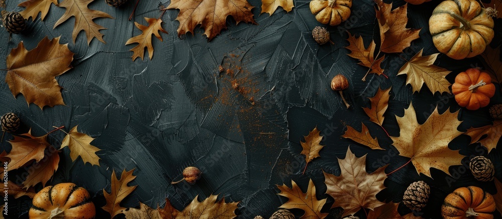 Poster flat lay top view of autumn-themed items like brown and gold leaves, pumpkins, on a dark black backg