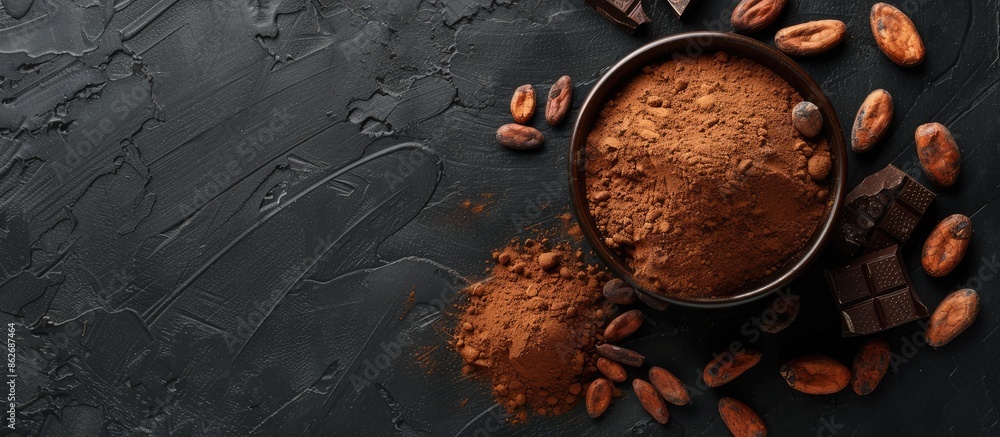 Aufkleber A cocoa-themed concept with cocoa powder in a bowl next to cocoa beans and chocolate on a black background, providing a copy space image.