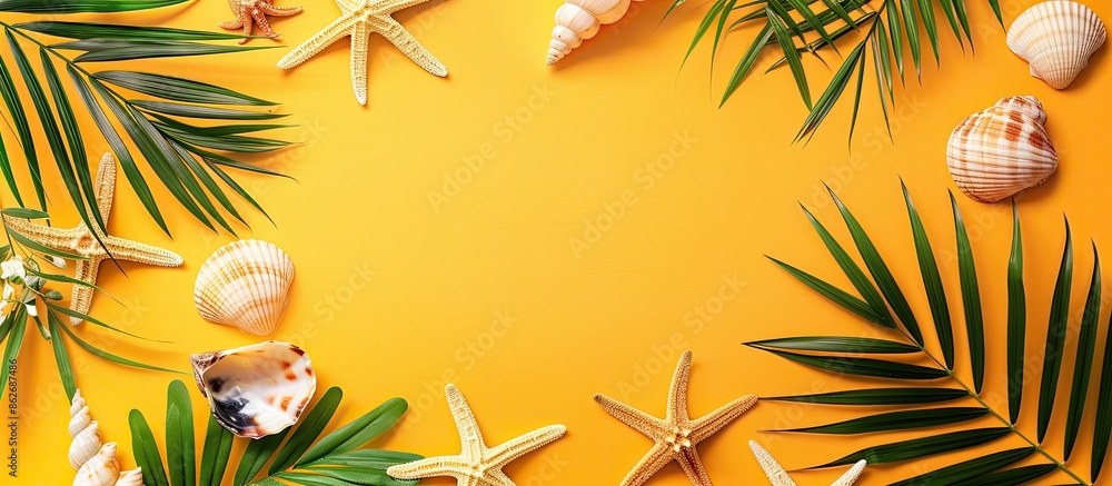 Sticker tropical-themed image featuring palm trees, starfish, and shells on a yellow background with room fo