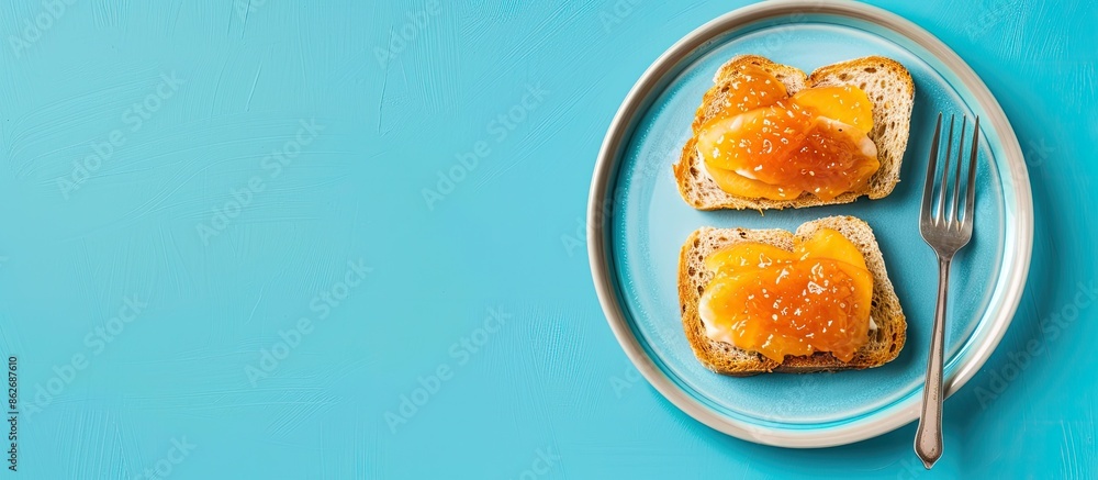 Poster Top view copy space image of a sweet breakfast featuring toast with peach jam on a blue background, creating a delightful and appetizing visual composition.