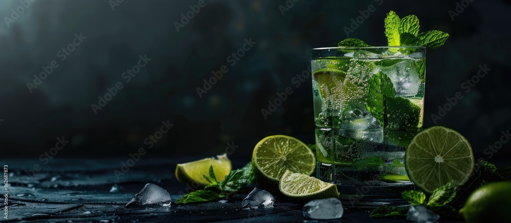 Poster large image featuring a glass with a mojito cocktail containing lime, mint, and ice, adorned with he