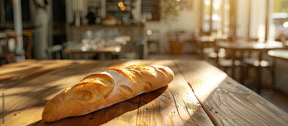Poster french baguette slice on wooden surface in a cozy restaurant setting. tender and appetizing; perfect