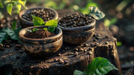Coffee Beans and Grounds in Rustic Setting