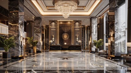 Fototapeta premium High-End Hotel Lobby Design with Gold Detailing and Plush Seating Areas