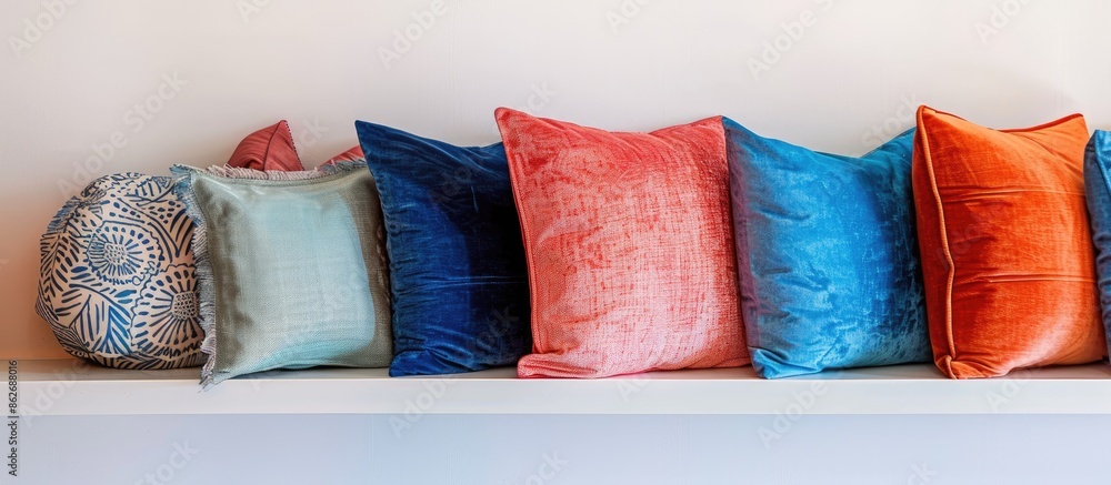 Poster Shelf displaying decorative pillows against wall backdrop with copy space image.