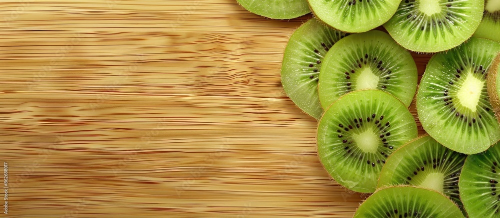 Poster Kiwi fruit slices displayed on a wooden surface with ample copy space in the image.