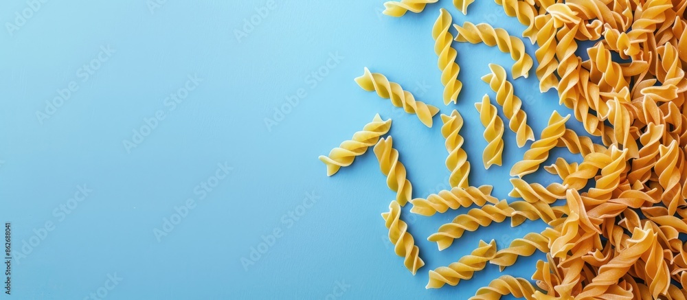 Aufkleber Top view of dry pasta on a textured blue background with copy space image available for text.