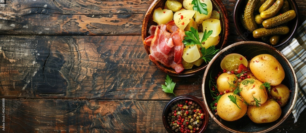 Poster top view of breakfast with boiled potatoes, pickles, and bacon against a copy space image.
