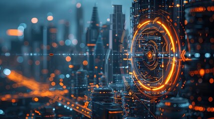 Obraz premium Defocused Futuristic Cityscape with Powered Planetary Circuits in Abstract Innovation Hub